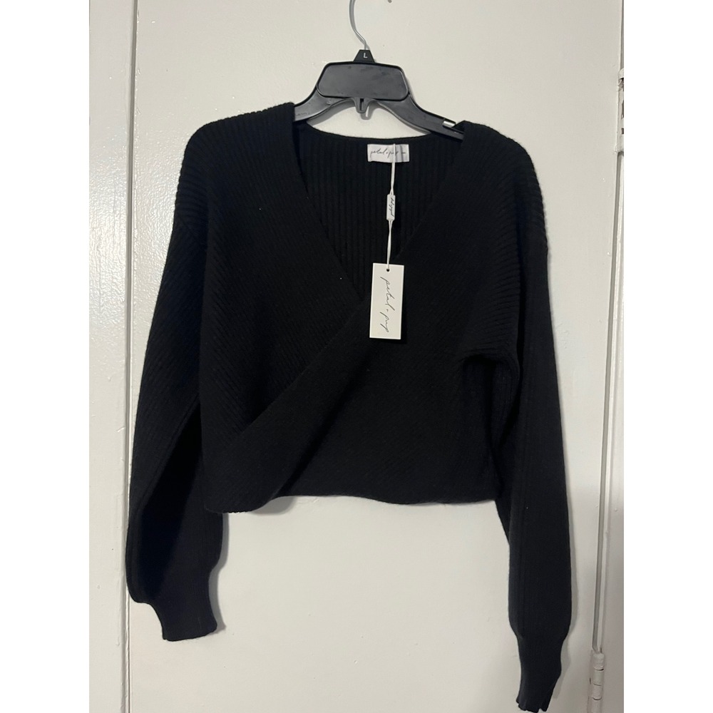 Petal and Pup Black Ribbed Wrap Cropped Sweater V-Neck Long Sleeve M/L‎ NEW
